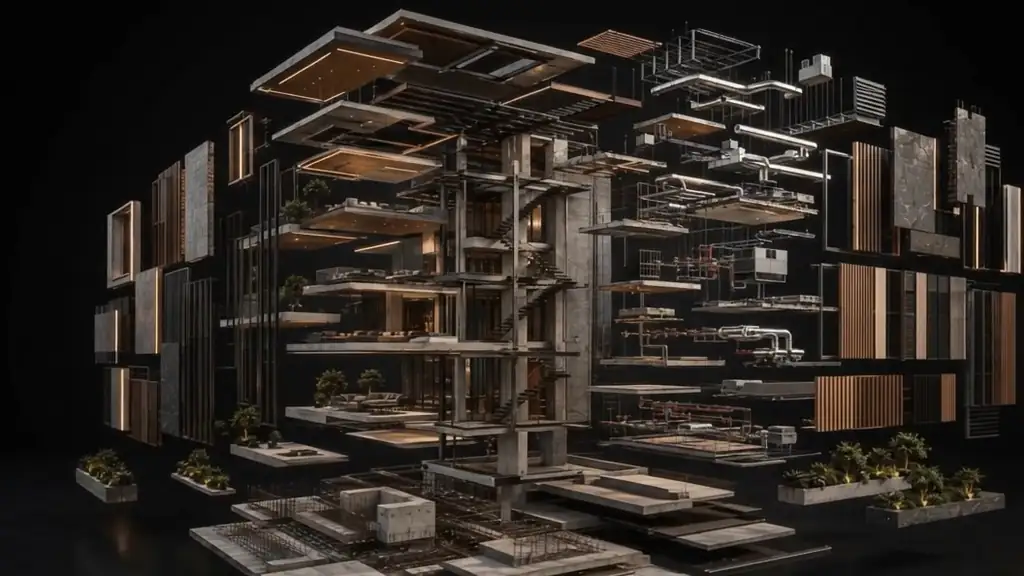 A modern home separated into its layers: foundation, structure, services, façade and landscape