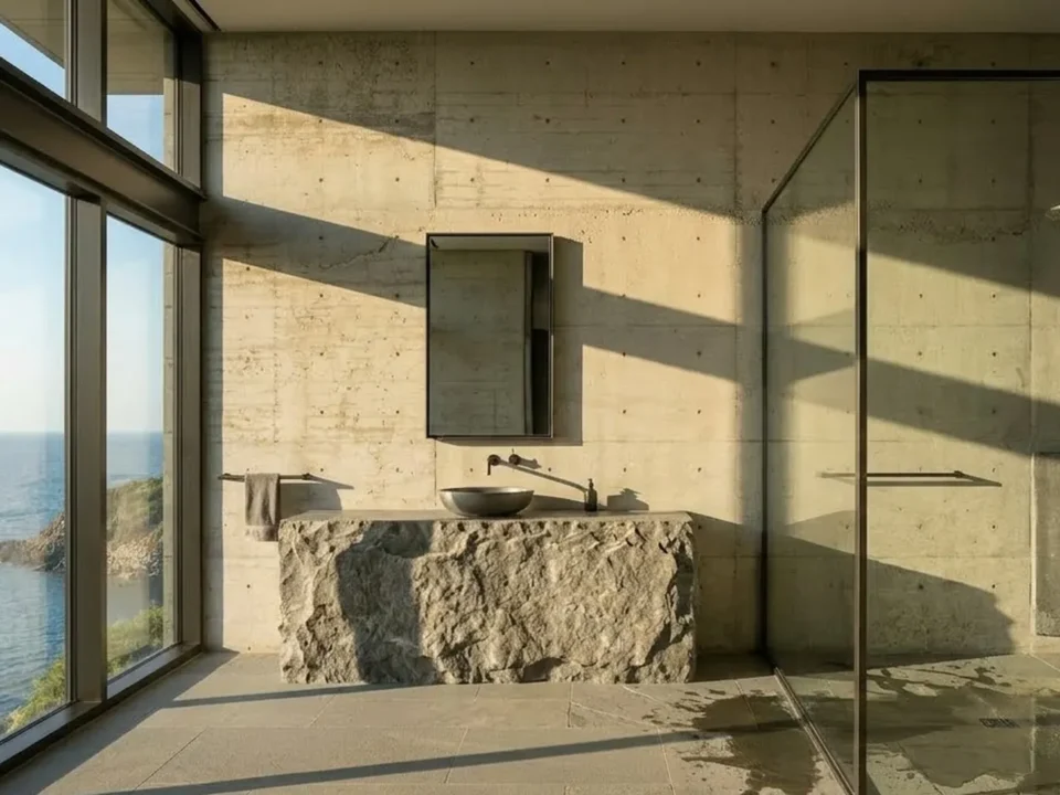 A stone bathroom with a walk-in shower and large windows
