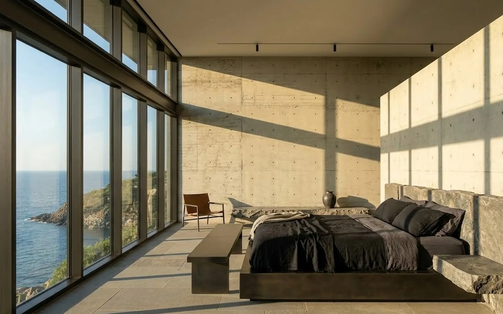 A calm bedroom with a wall of windows