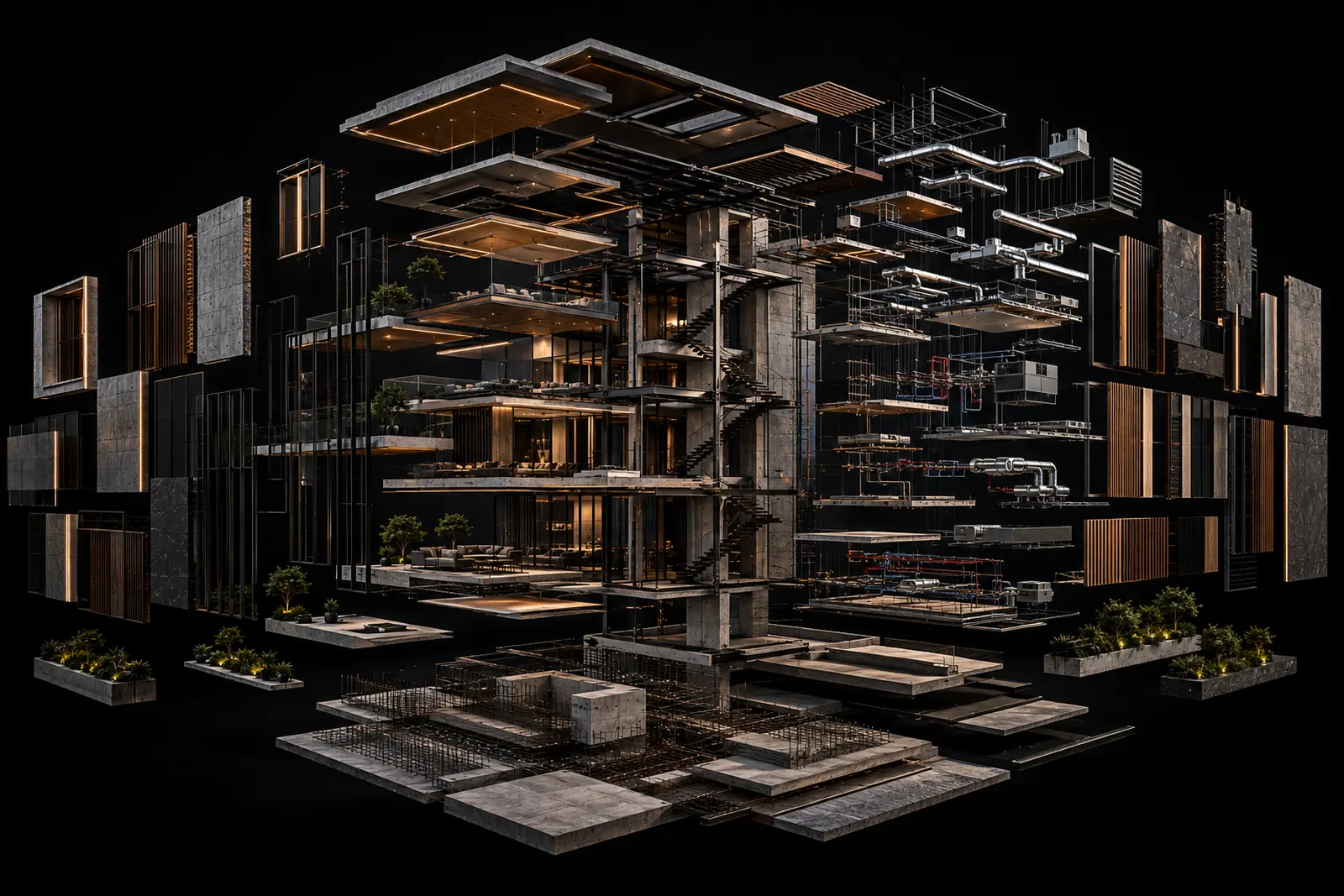 A modern home separated into its layers: structure, services, façade and landscape