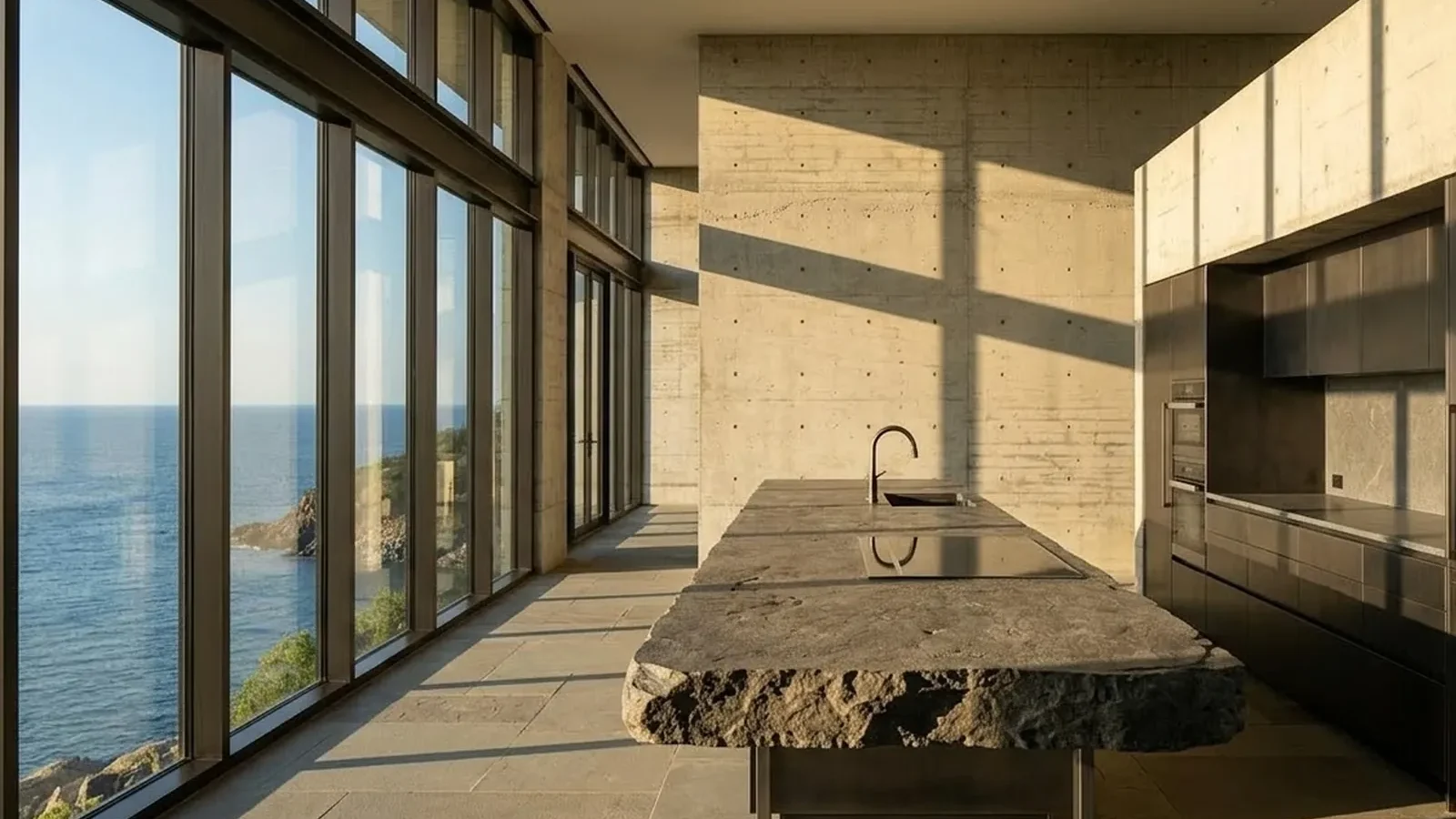 An open kitchen with a stone island beside tall windows