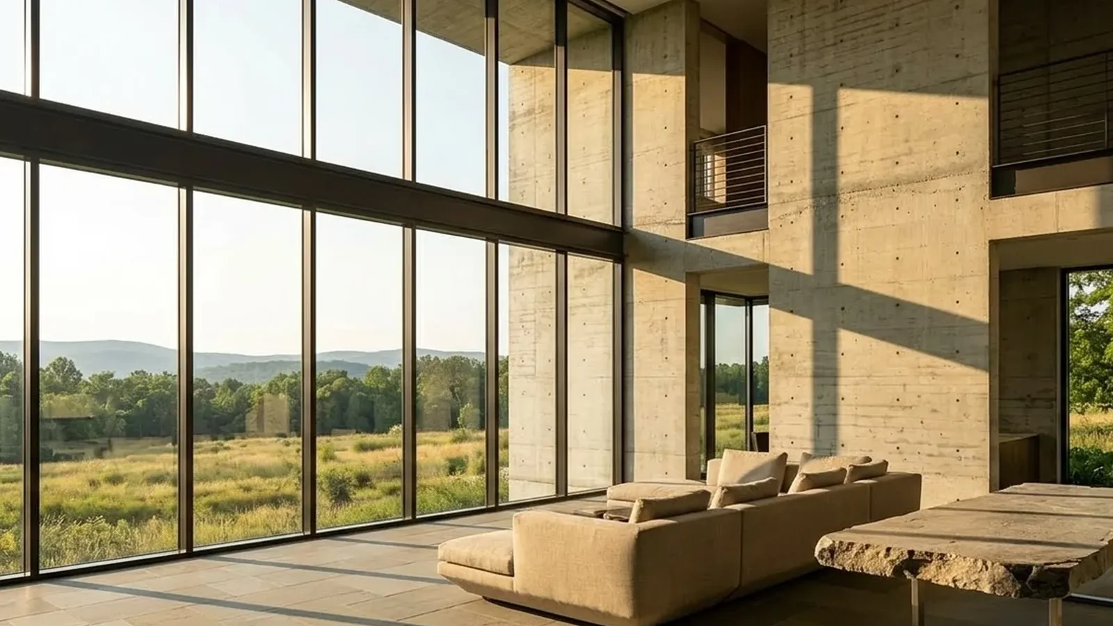 A bright living room with floor-to-ceiling windows