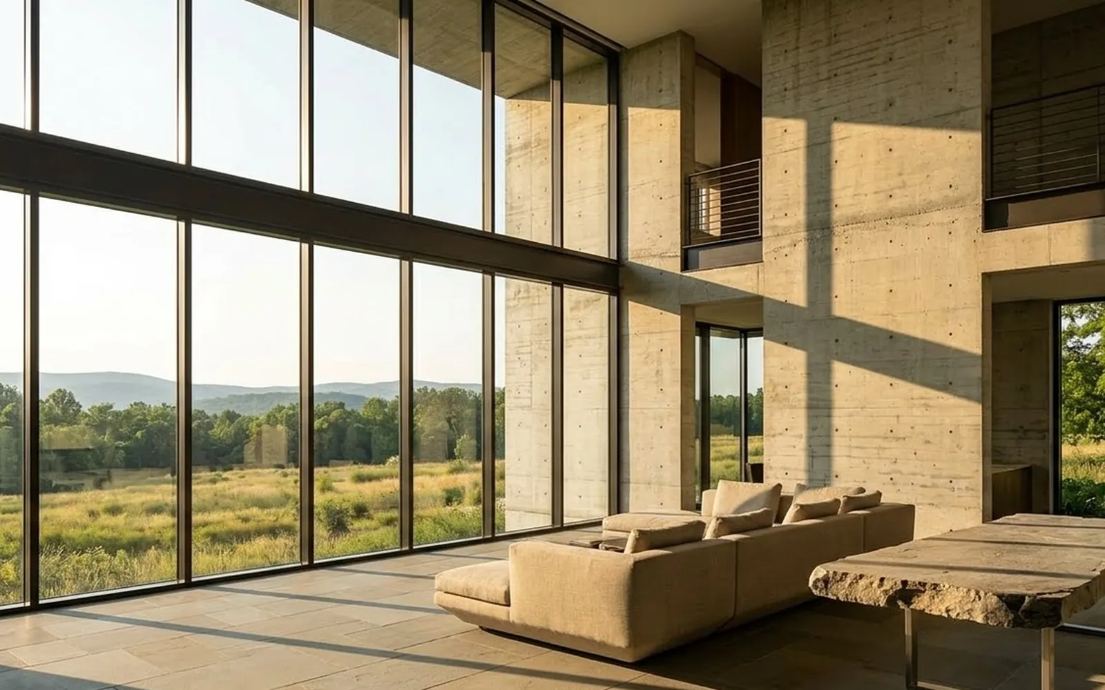 A bright living room with floor-to-ceiling windows