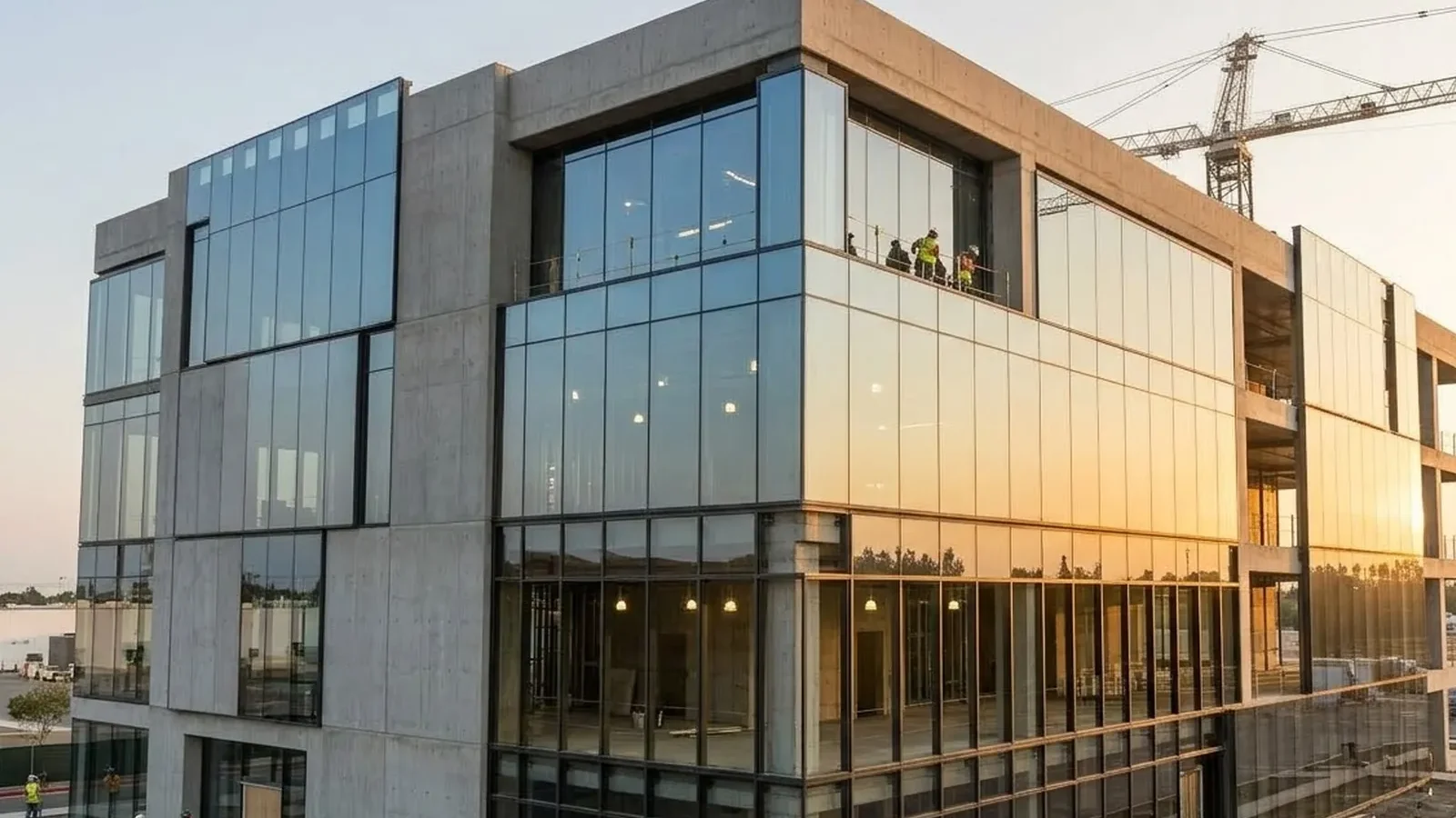 A four-storey glass office building with landscaped parking