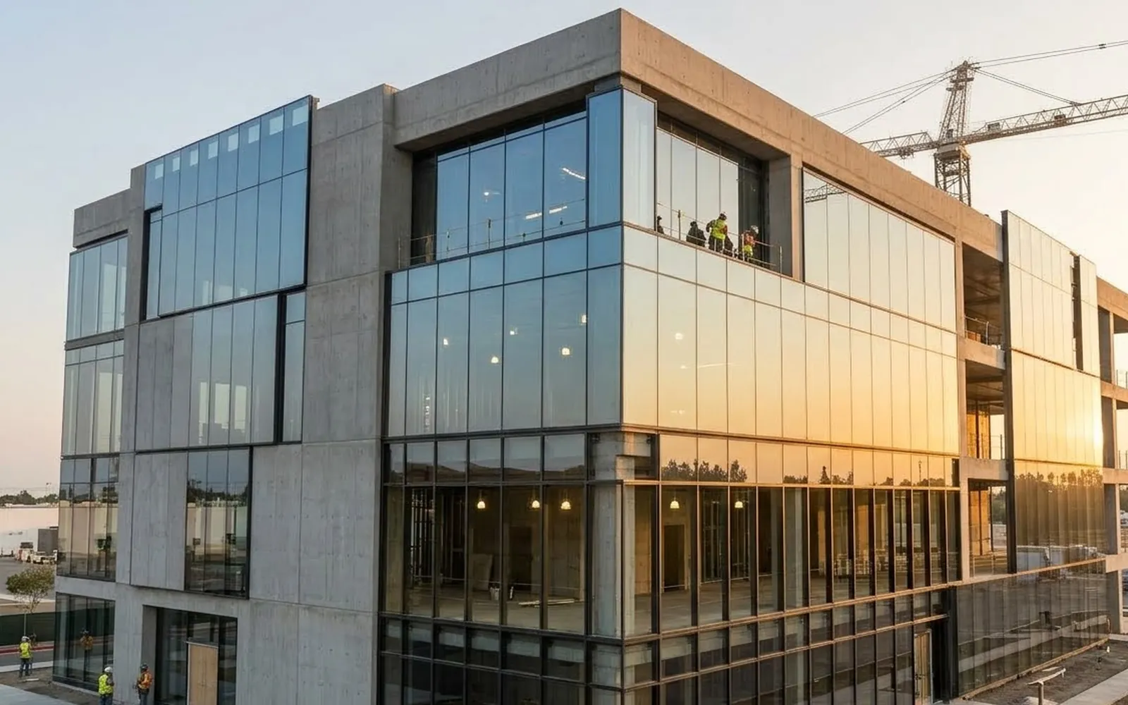 A four-storey glass office building with landscaped parking