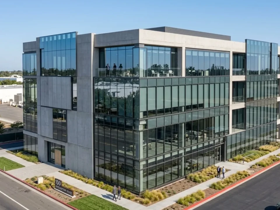 A modern office building on a corner plot