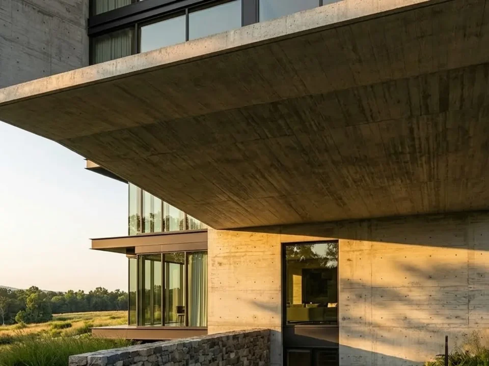 A cantilevered concrete residence above a landscaped garden
