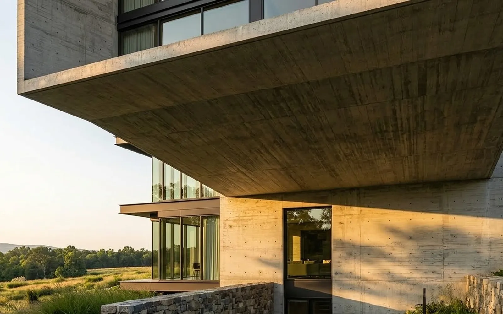 A cantilevered concrete residence above a landscaped garden