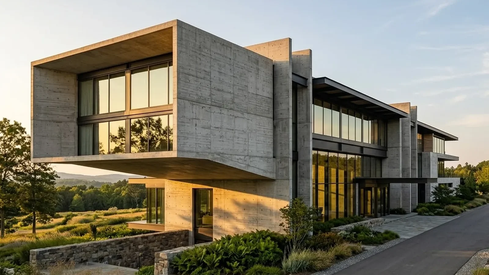 A contemporary concrete and glass residence in evening light