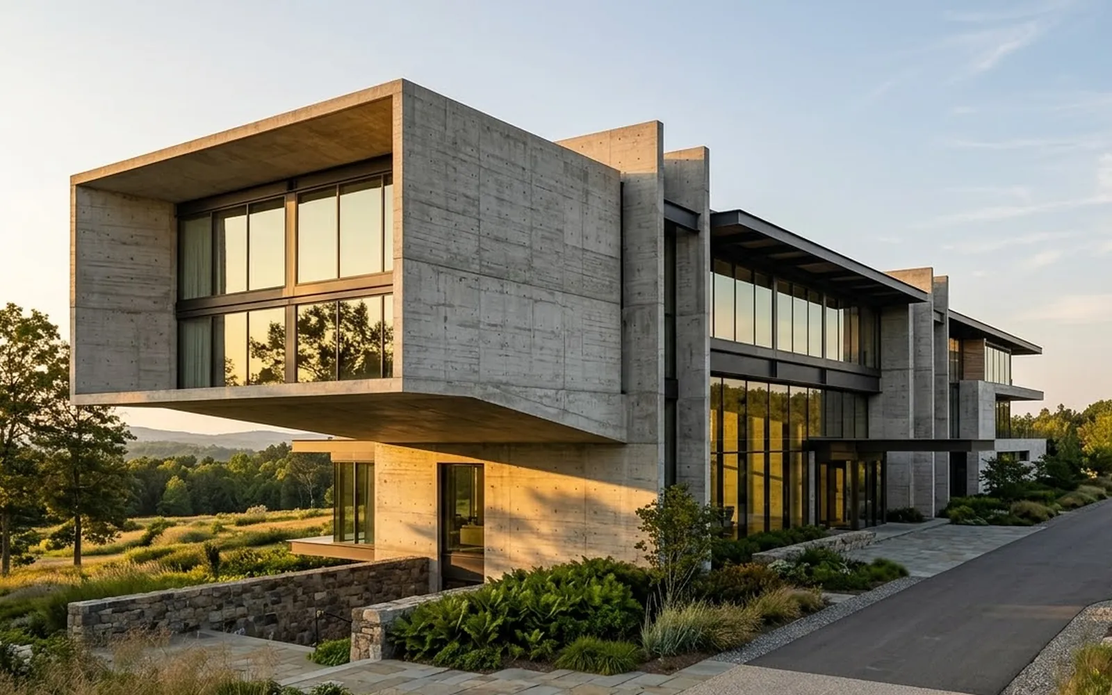 A contemporary concrete and glass residence in evening light