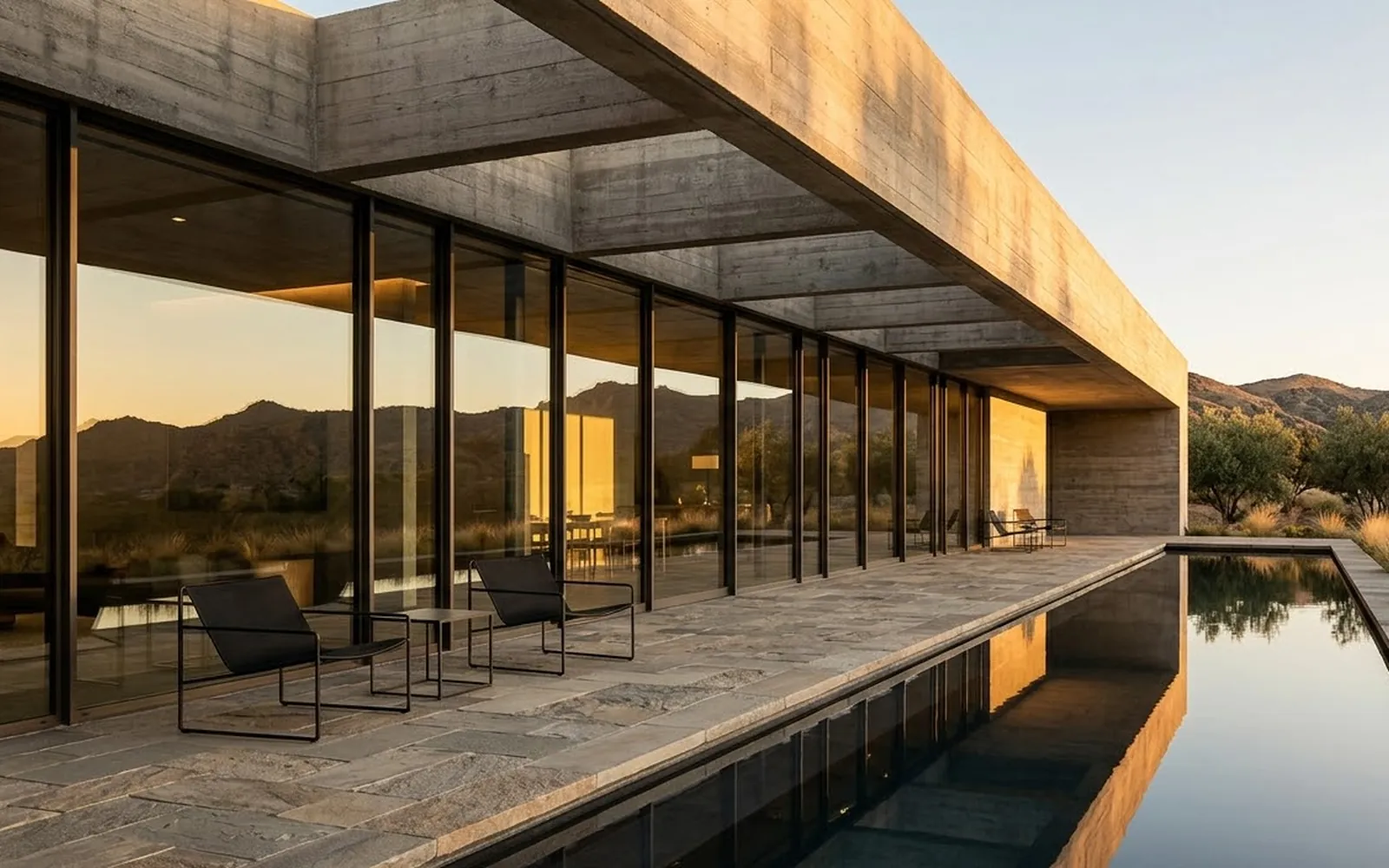 A long reflecting pool beside a glass-walled terrace at sunset