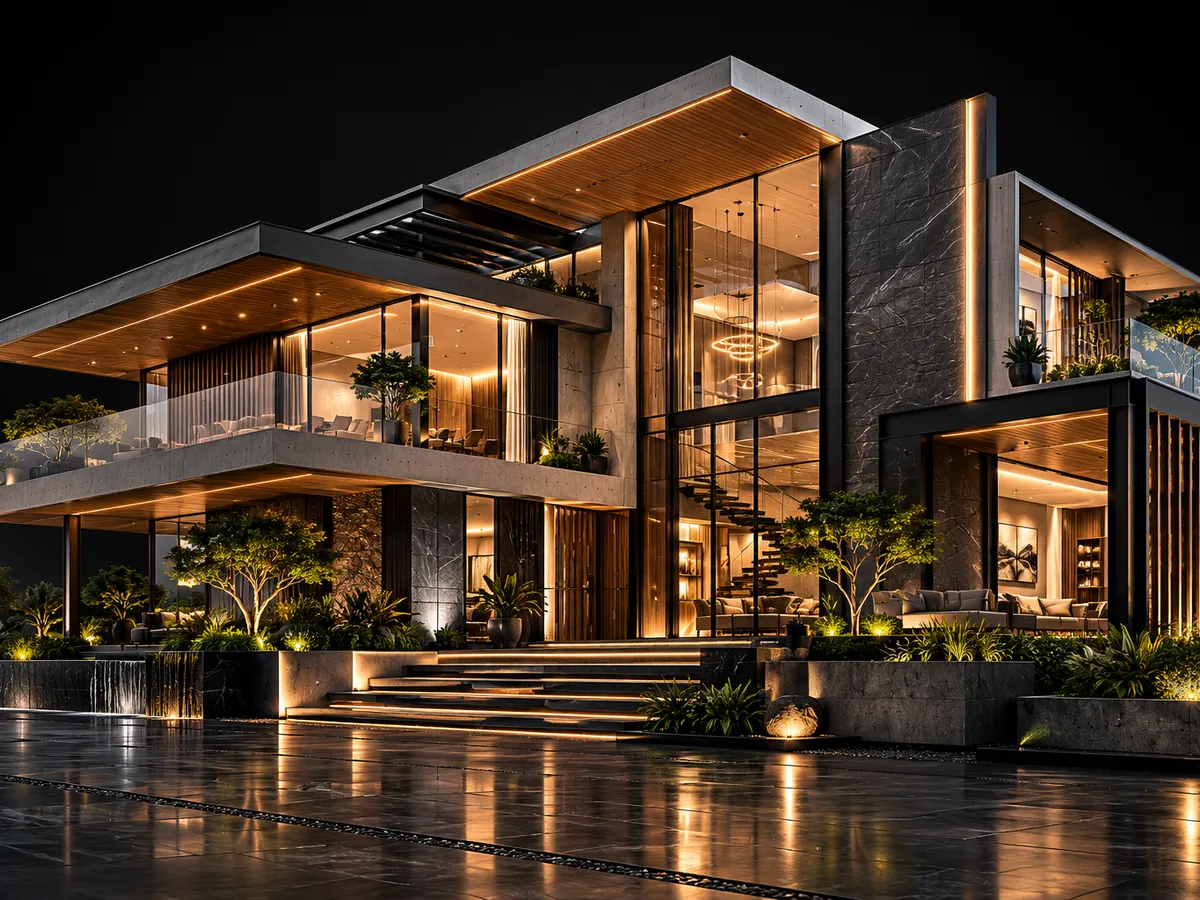 A modern villa with glass balconies and warm interior light